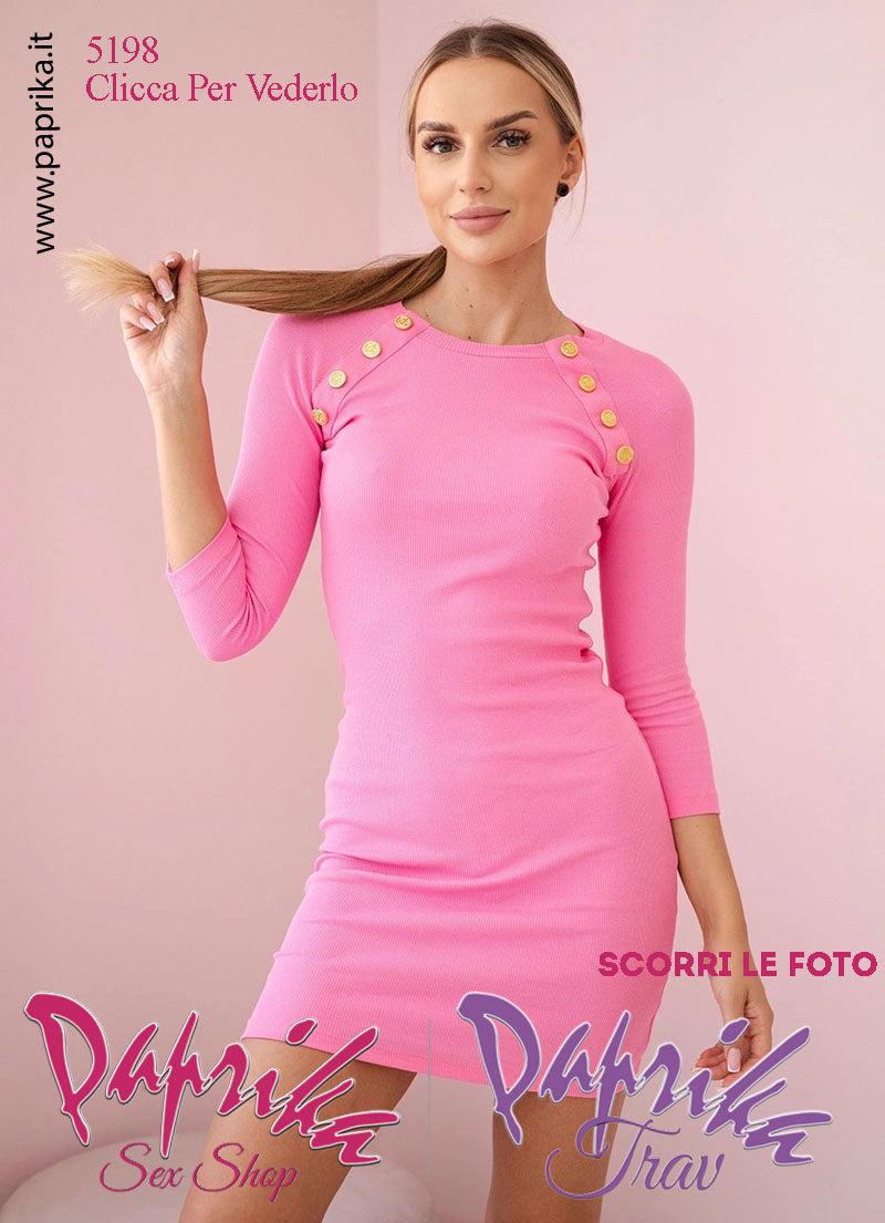Abito Sexy Corto Rosa Leggero Aderente Maniche 3/4 Bottoni Oro