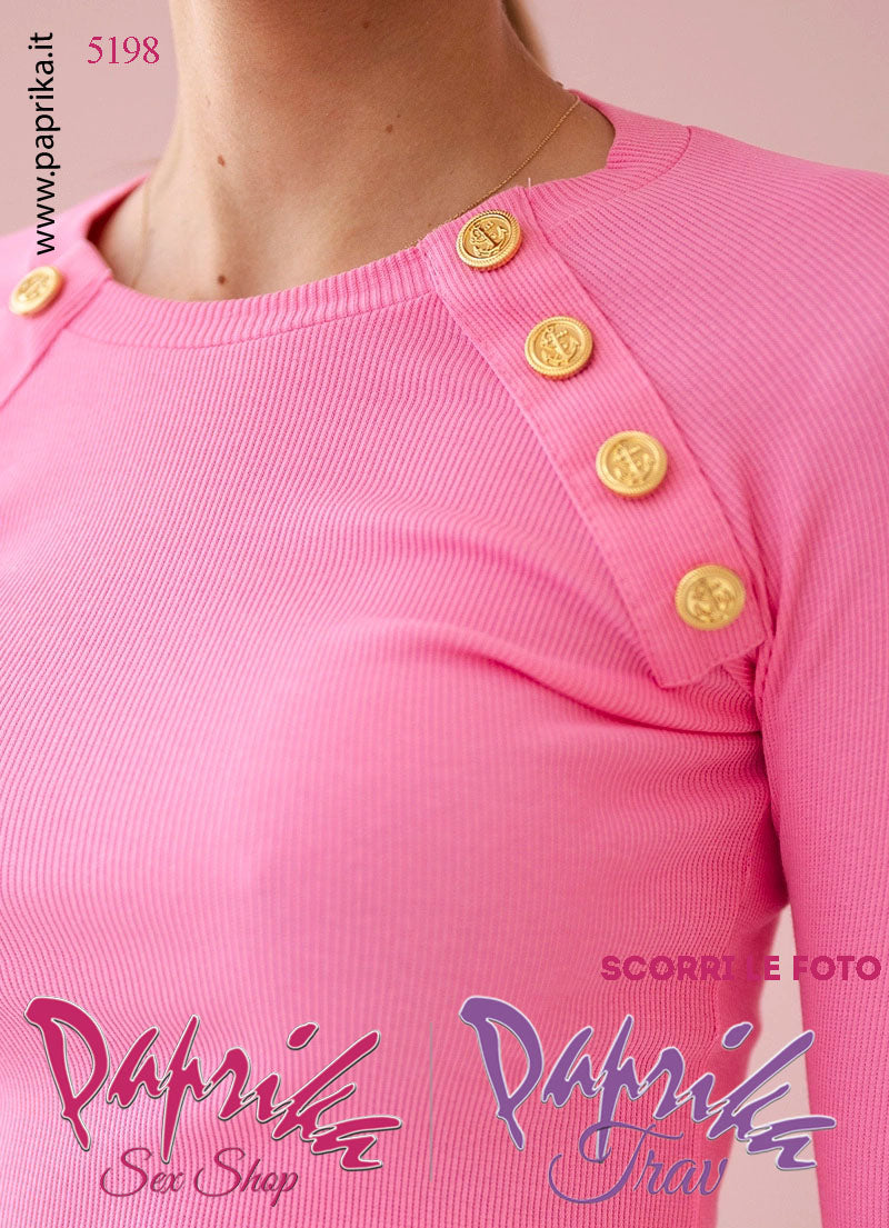Abito Sexy Corto Rosa Leggero Aderente Maniche 3/4 Bottoni Oro