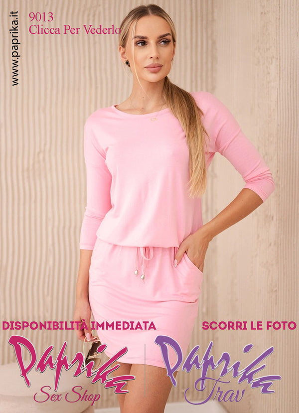 Abito Sexy Corto Rosa Leggero Due Tasche Maniche 3/4 Allacciatura in Vita