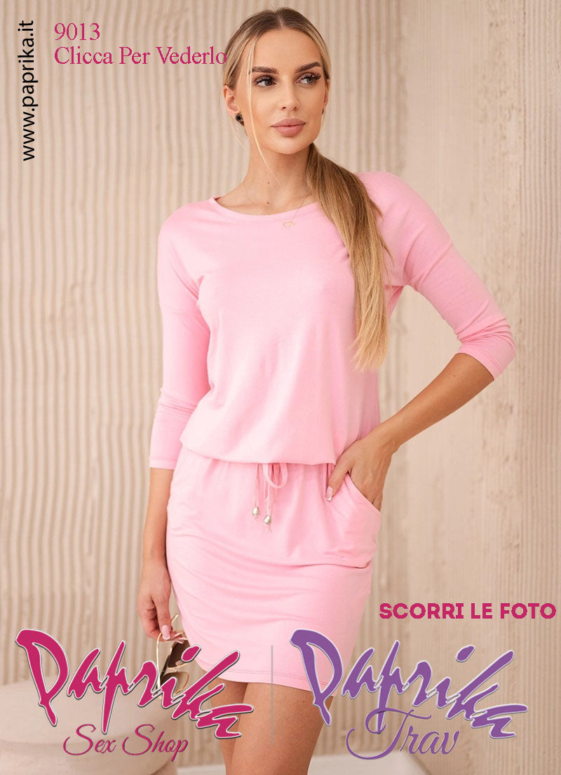 Abito Sexy Corto Rosa Leggero Due Tasche Maniche 3/4 Allacciatura in Vita