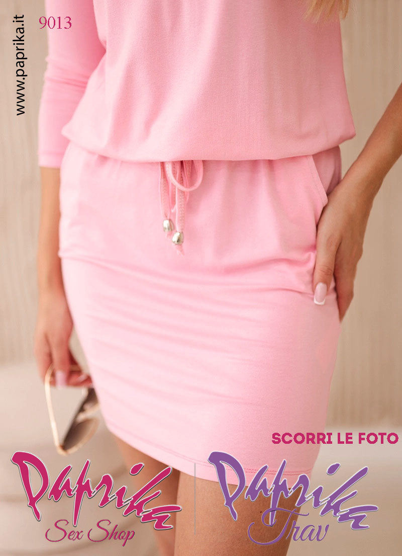 Abito Sexy Corto Rosa Leggero Due Tasche Maniche 3/4 Allacciatura in Vita
