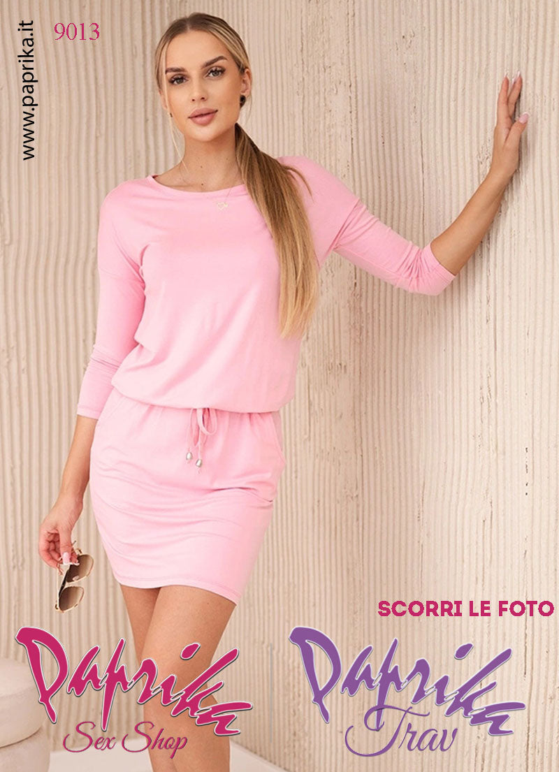Abito Sexy Corto Rosa Leggero Due Tasche Maniche 3/4 Allacciatura in Vita