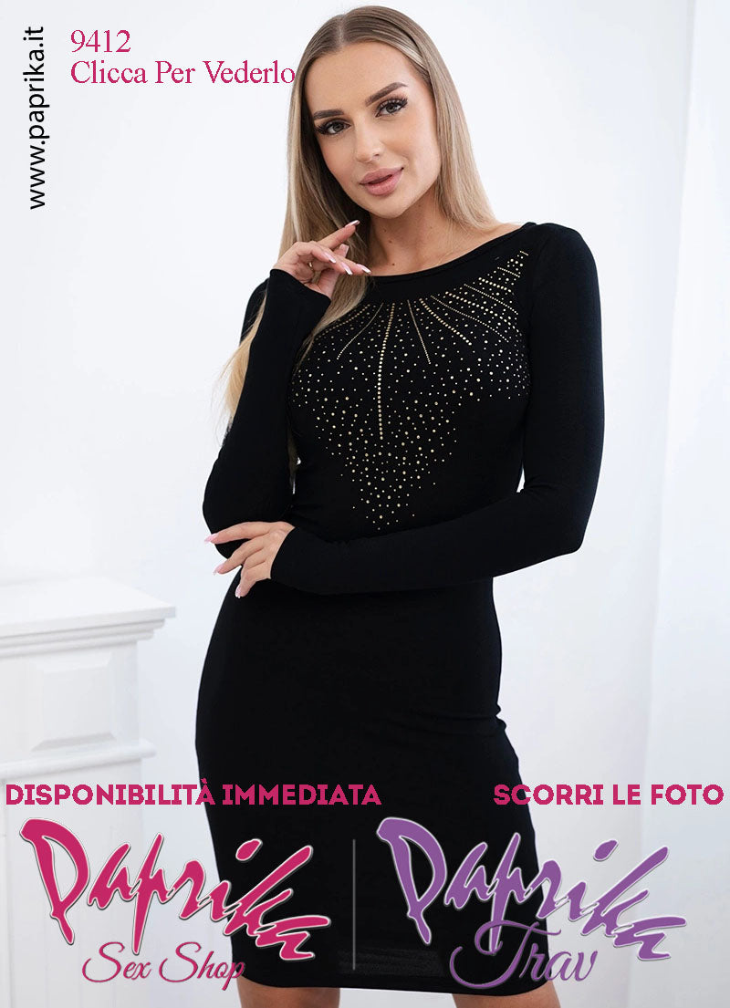 Abito Vestitino Sexy Corto Nero Disegno Grande Strass Oro Maniche Lunghe