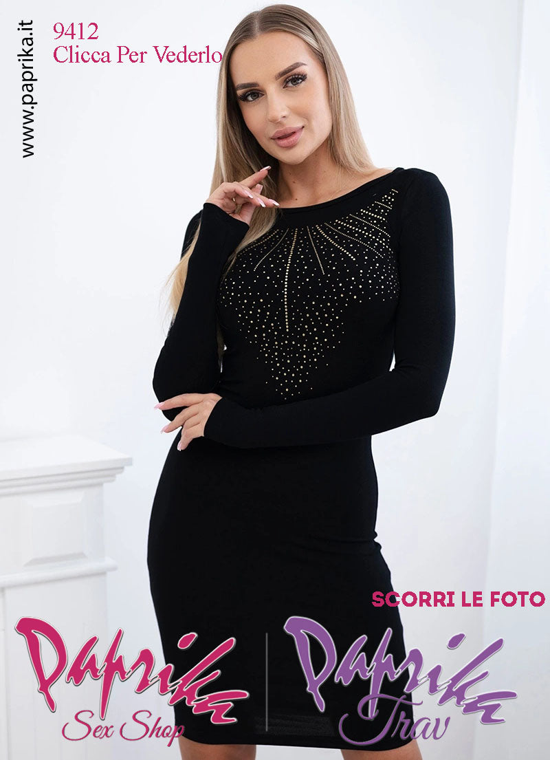 Abito Vestitino Sexy Corto Nero Disegno Grande Strass Oro Maniche Lunghe