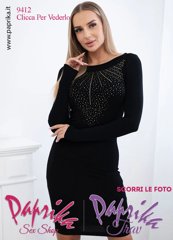 Abito Vestitino Sexy Corto Nero Disegno Grande Strass Oro Maniche Lunghe