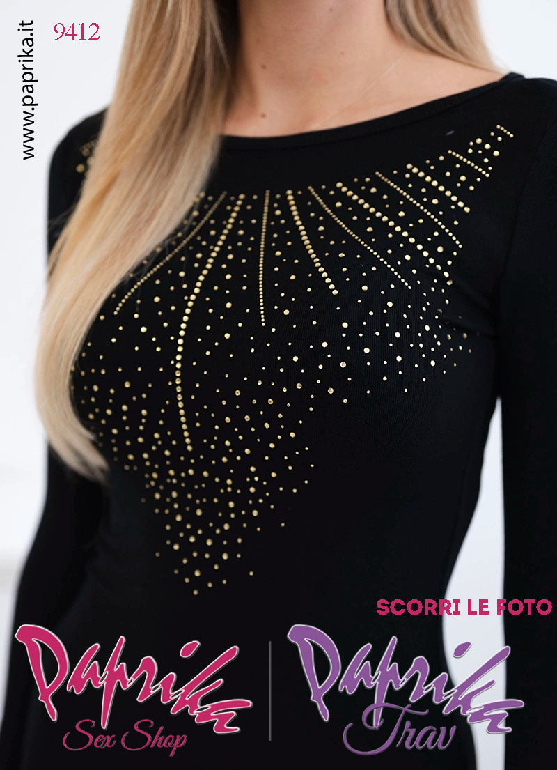 Abito Vestitino Sexy Corto Nero Disegno Grande Strass Oro Maniche Lunghe