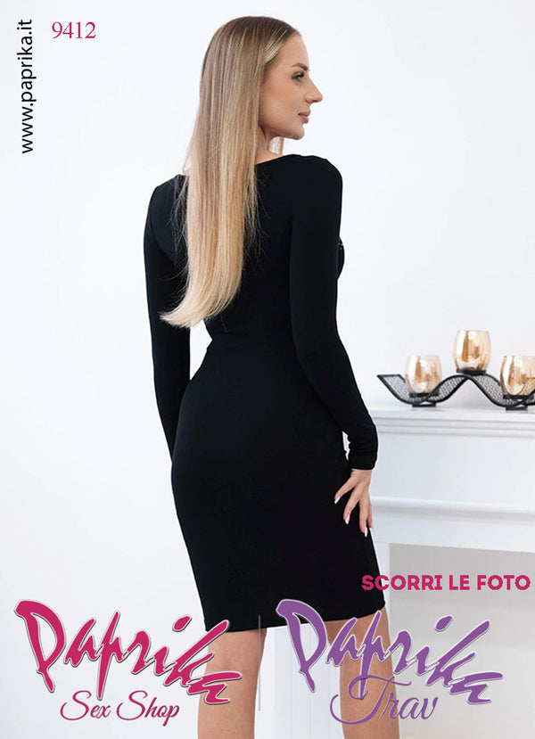 Abito Vestitino Sexy Corto Nero Disegno Grande Strass Oro Maniche Lunghe