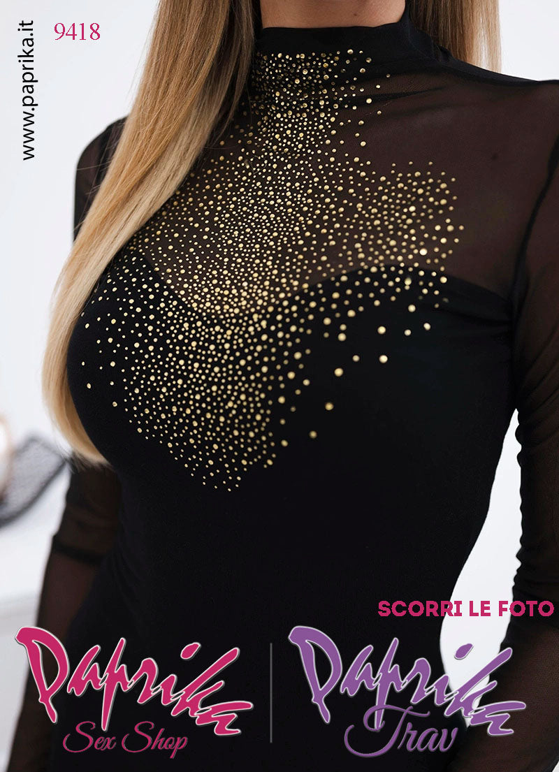 Abito Vestitino Sexy Corto Nero Maniche Lunghe Strass Oro Colletto Tulle