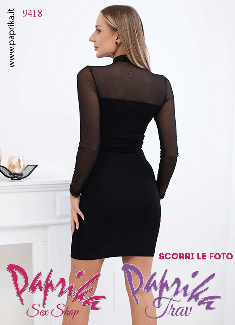 Abito Vestitino Sexy Corto Nero Maniche Lunghe Strass Oro Colletto Tulle