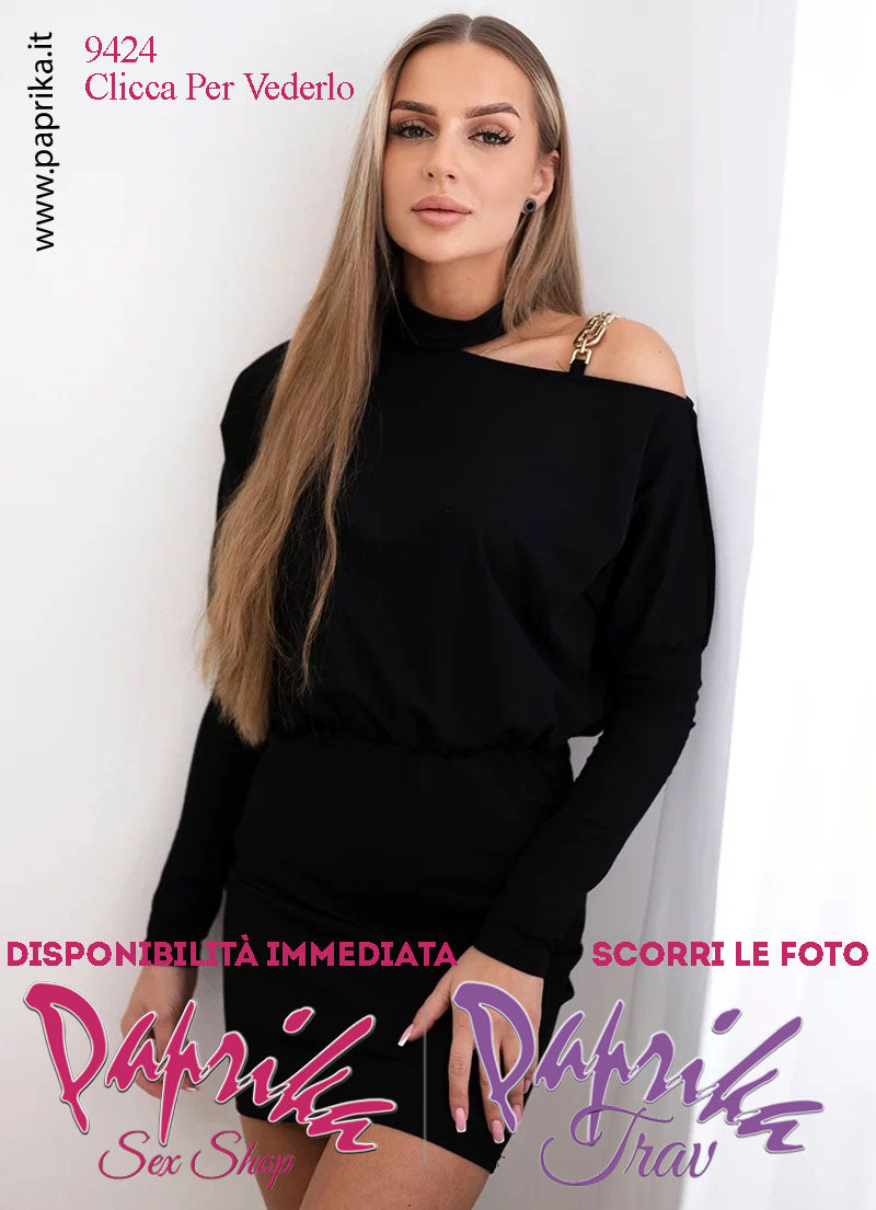Abito Vestitino Sexy Corto Nero Maniche Lunghe Fibbia Spalla Elastico in Vita
