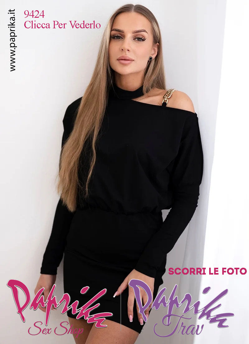Abito Vestitino Sexy Corto Nero Maniche Lunghe Fibbia Spalla Elastico in Vita