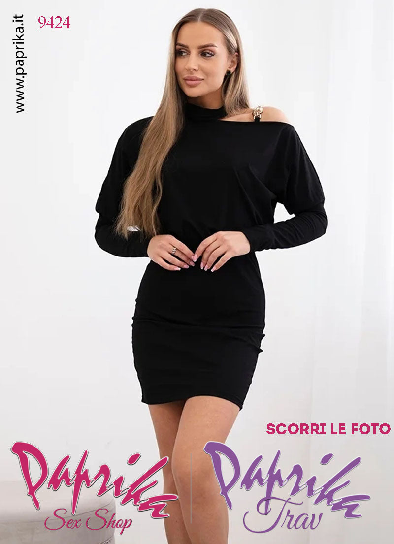 Abito Vestitino Sexy Corto Nero Maniche Lunghe Fibbia Spalla Elastico in Vita