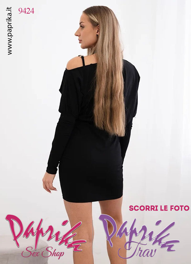 Abito Vestitino Sexy Corto Nero Maniche Lunghe Fibbia Spalla Elastico in Vita