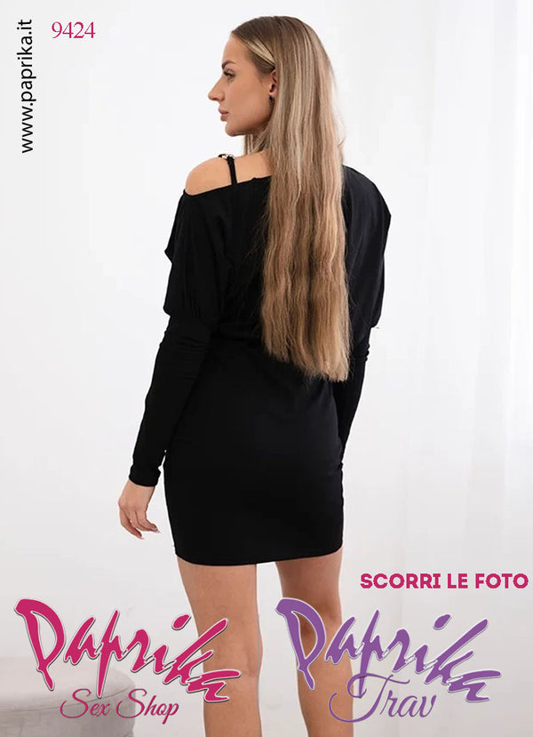 Abito Vestitino Sexy Corto Nero Maniche Lunghe Fibbia Spalla Elastico in Vita