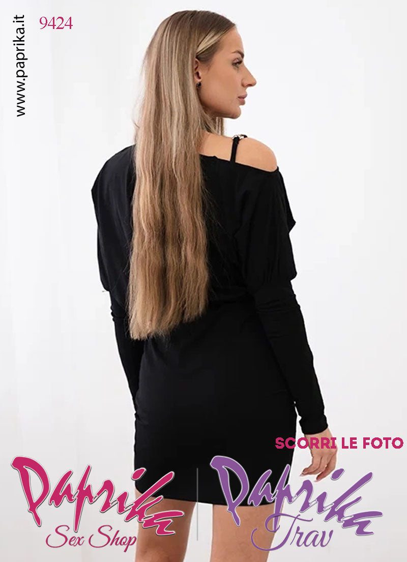 Abito Vestitino Sexy Corto Nero Maniche Lunghe Fibbia Spalla Elastico in Vita