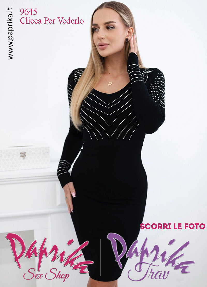 Abito Vestitino Sexy Corto Nero Maniche Lunghe Motivo Strass Obliqui