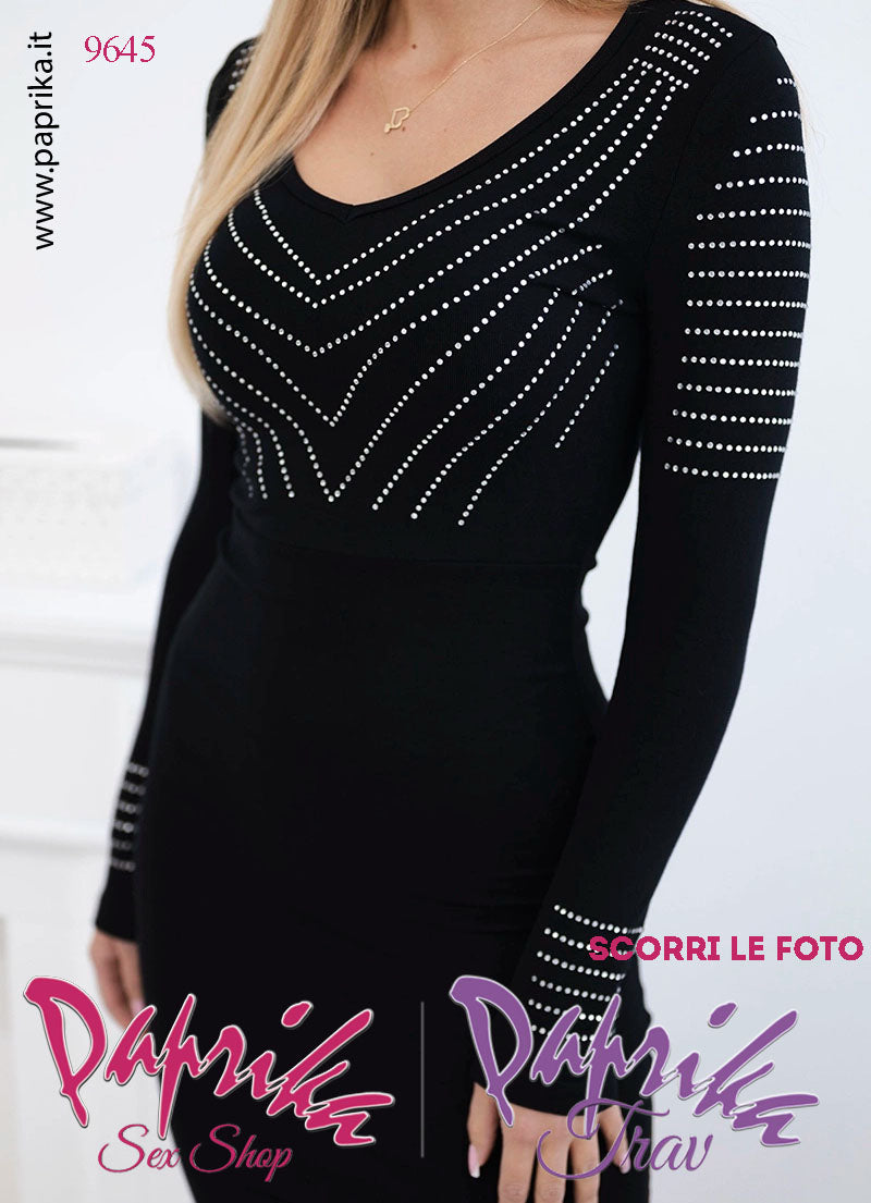 Abito Vestitino Sexy Corto Nero Maniche Lunghe Motivo Strass Obliqui