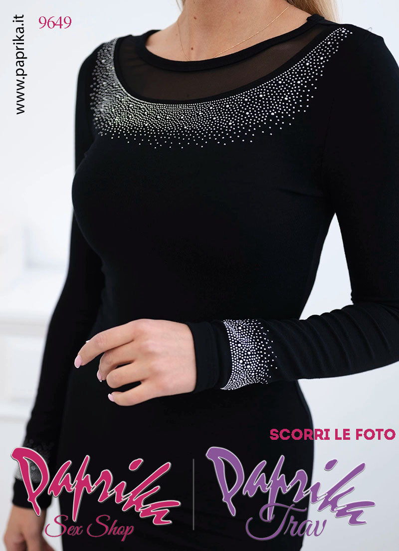 Abito Vestitino Sexy Corto Nero Maniche Lunghe Strass Colletto Tulle