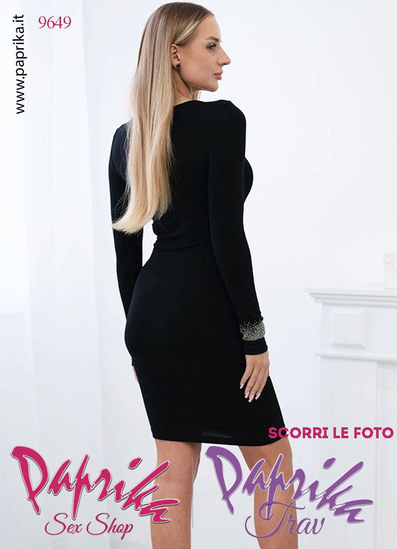 Abito Vestitino Sexy Corto Nero Maniche Lunghe Strass Colletto Tulle