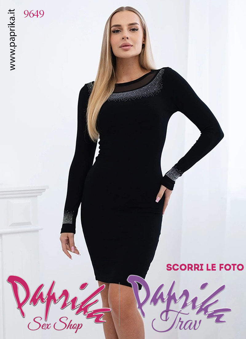 Abito Vestitino Sexy Corto Nero Maniche Lunghe Strass Colletto Tulle