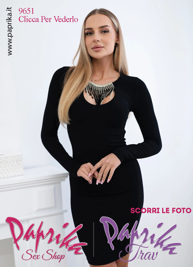 Abito Vestitino Sexy Corto Nero Maniche Lunghe Strass Pendenti Apertura