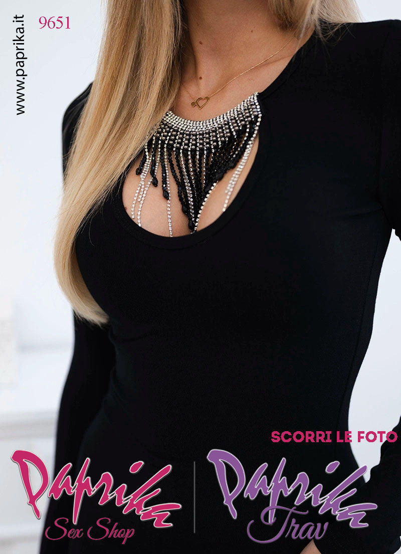Abito Vestitino Sexy Corto Nero Maniche Lunghe Strass Pendenti Apertura