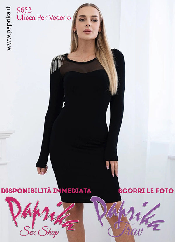 Abito Vestitino Sexy Corto Nero Maniche Lunghe Strass Spalla Tulle Davanti