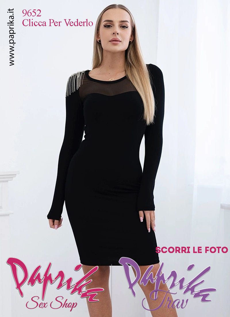 Abito Vestitino Sexy Corto Nero Maniche Lunghe Strass Spalla Tulle Davanti