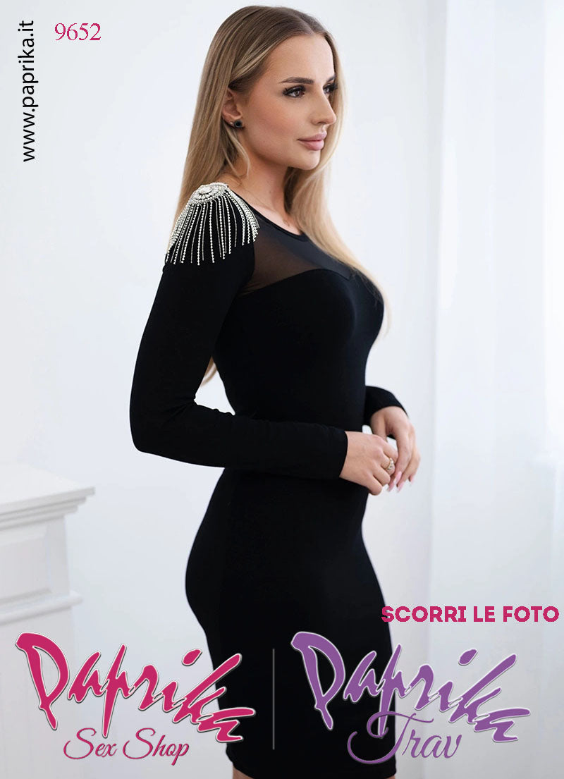 Abito Vestitino Sexy Corto Nero Maniche Lunghe Strass Spalla Tulle Davanti