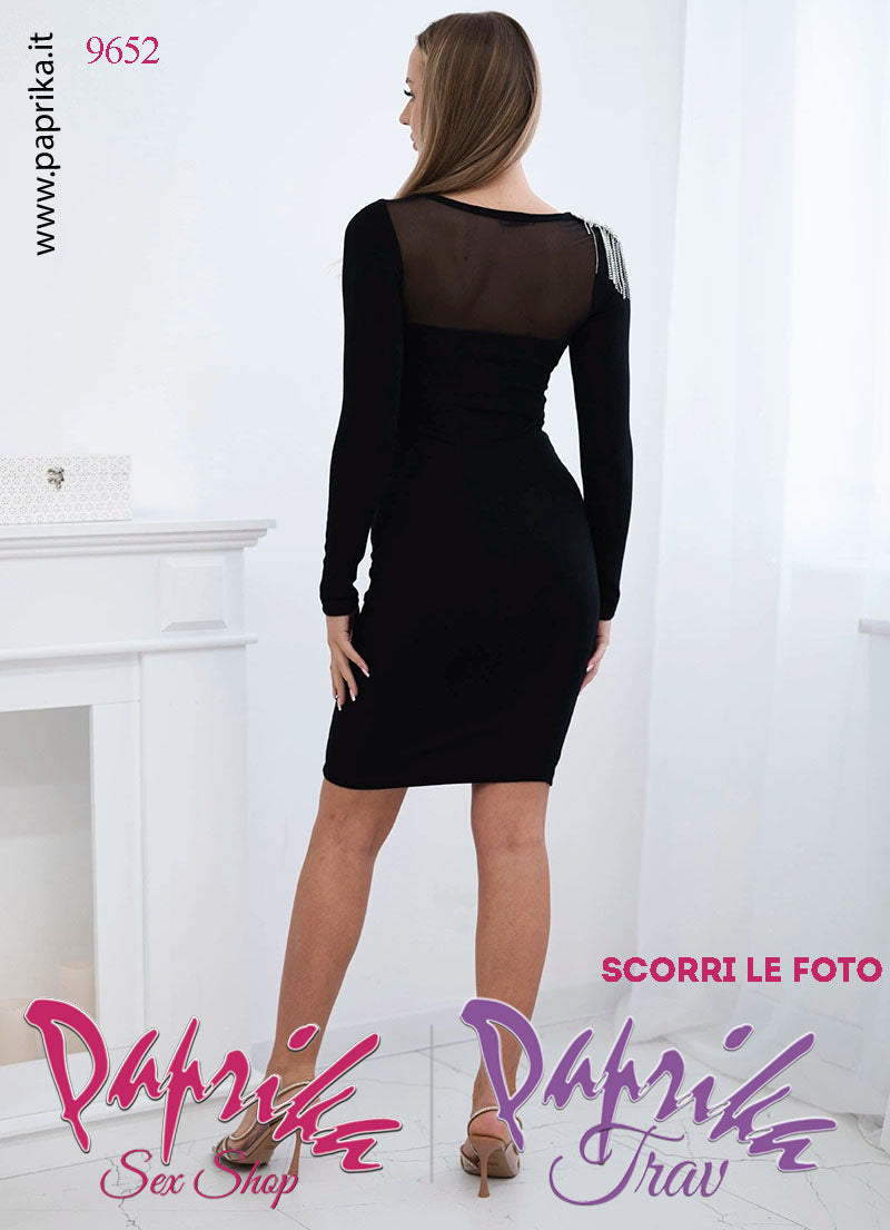 Abito Vestitino Sexy Corto Nero Maniche Lunghe Strass Spalla Tulle Davanti