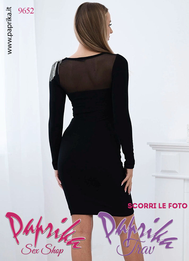 Abito Vestitino Sexy Corto Nero Maniche Lunghe Strass Spalla Tulle Davanti
