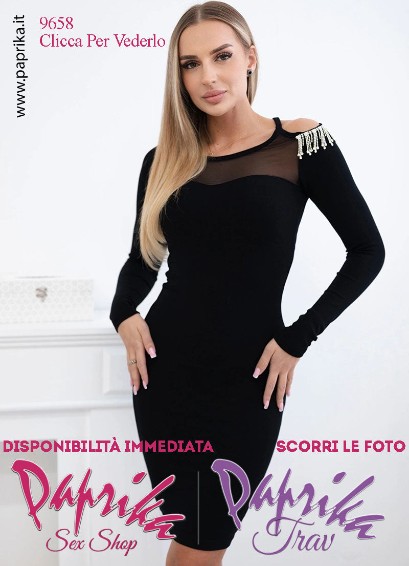 Abito Vestitino Sexy Corto Nero Maniche Lunghe Spalla Aperta Strass Tulle