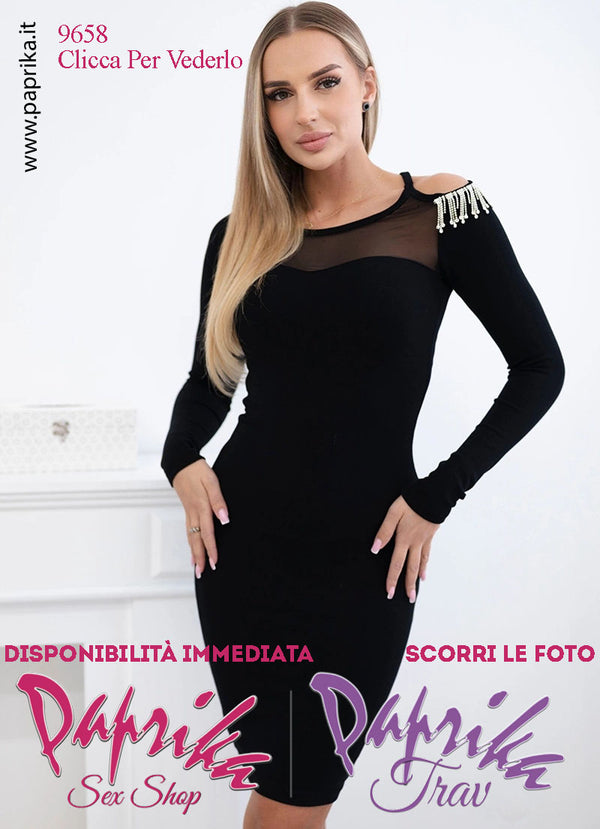 Abito Vestitino Sexy Corto Nero Maniche Lunghe Spalla Aperta Strass Tulle