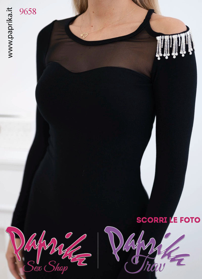 Abito Vestitino Sexy Corto Nero Maniche Lunghe Spalla Aperta Strass Tulle