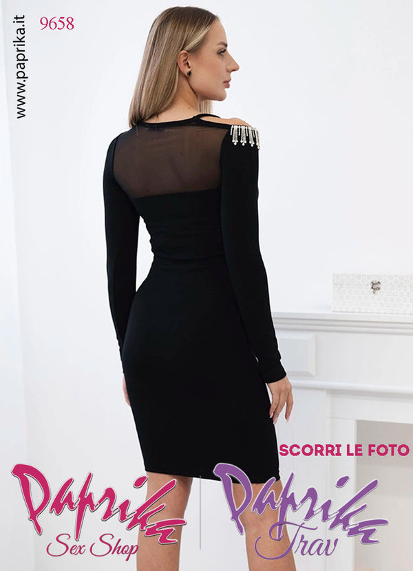 Abito Vestitino Sexy Corto Nero Maniche Lunghe Spalla Aperta Strass Tulle