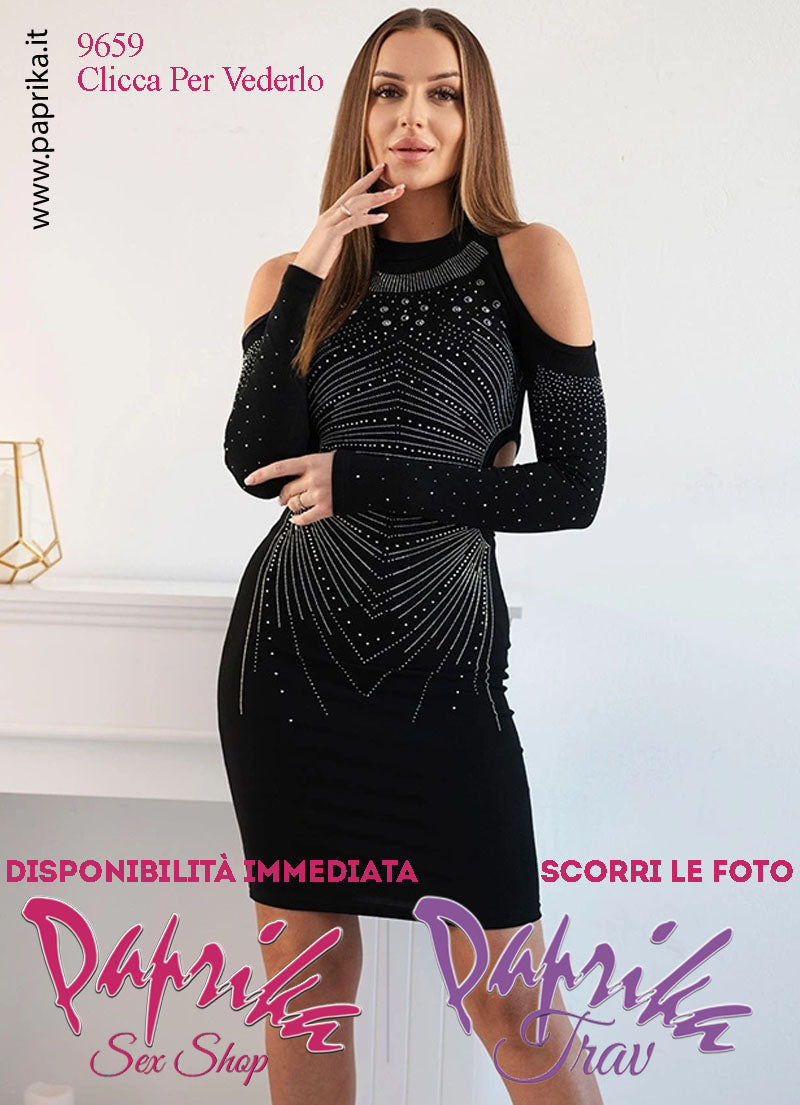 Abito Vestitino Sexy Corto Nero Maniche Lunghe Disegno Grande Strass
