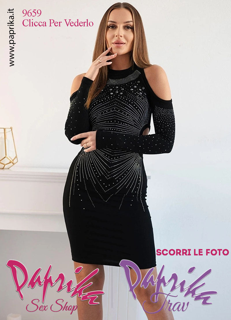 Abito Vestitino Sexy Corto Nero Maniche Lunghe Disegno Grande Strass