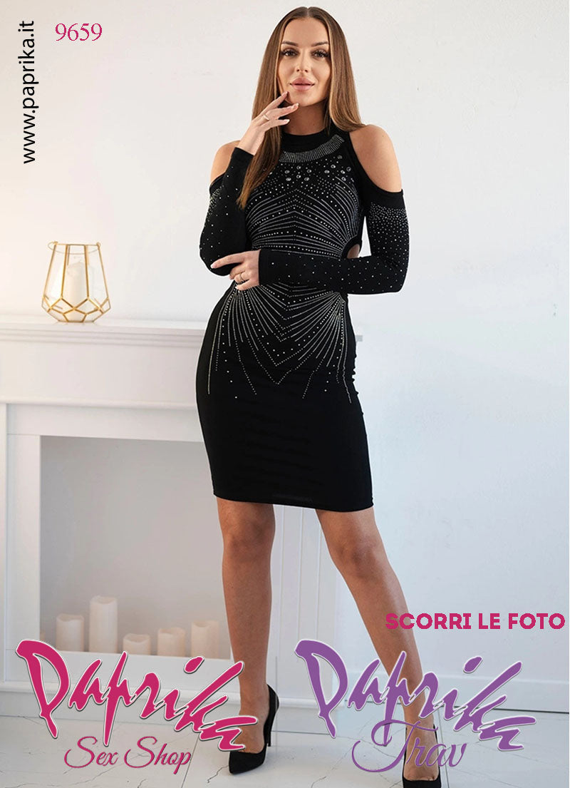 Abito Vestitino Sexy Corto Nero Maniche Lunghe Disegno Grande Strass