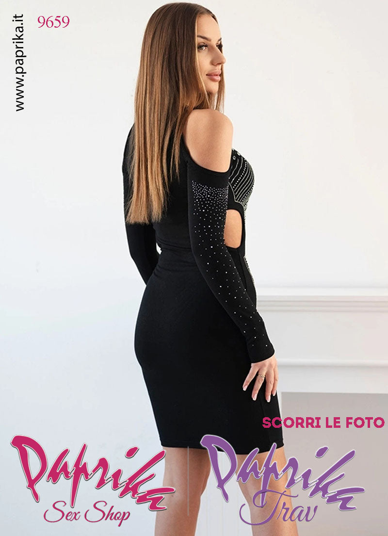 Abito Vestitino Sexy Corto Nero Maniche Lunghe Disegno Grande Strass