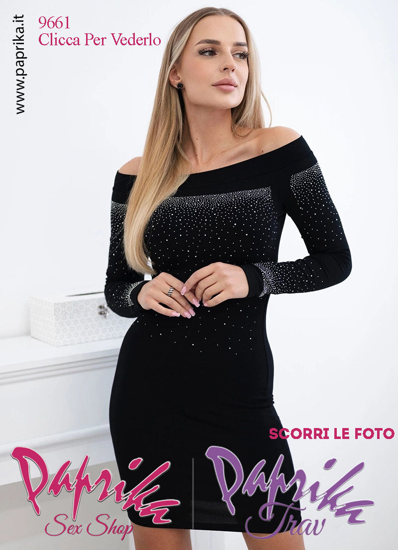 Abito Vestitino Sexy Corto Nero Maniche Lunghe Strass Spalle Scoperte