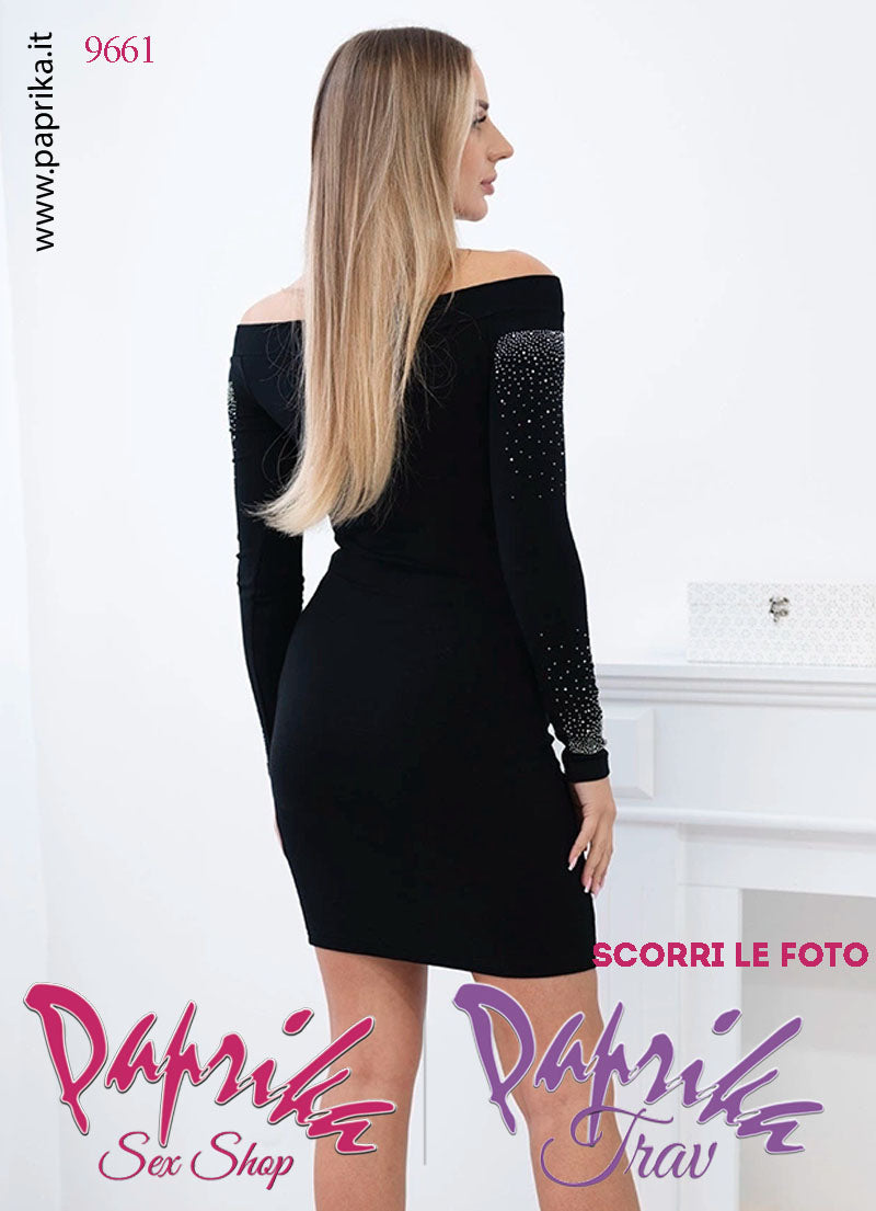 Abito Vestitino Sexy Corto Nero Maniche Lunghe Strass Spalle Scoperte