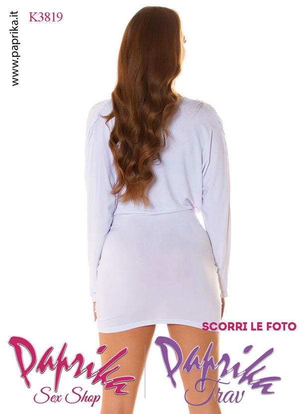 Abito Vestito Aderente Sexy Corto Maniche Lunghe Ampia Scollatura Bianco