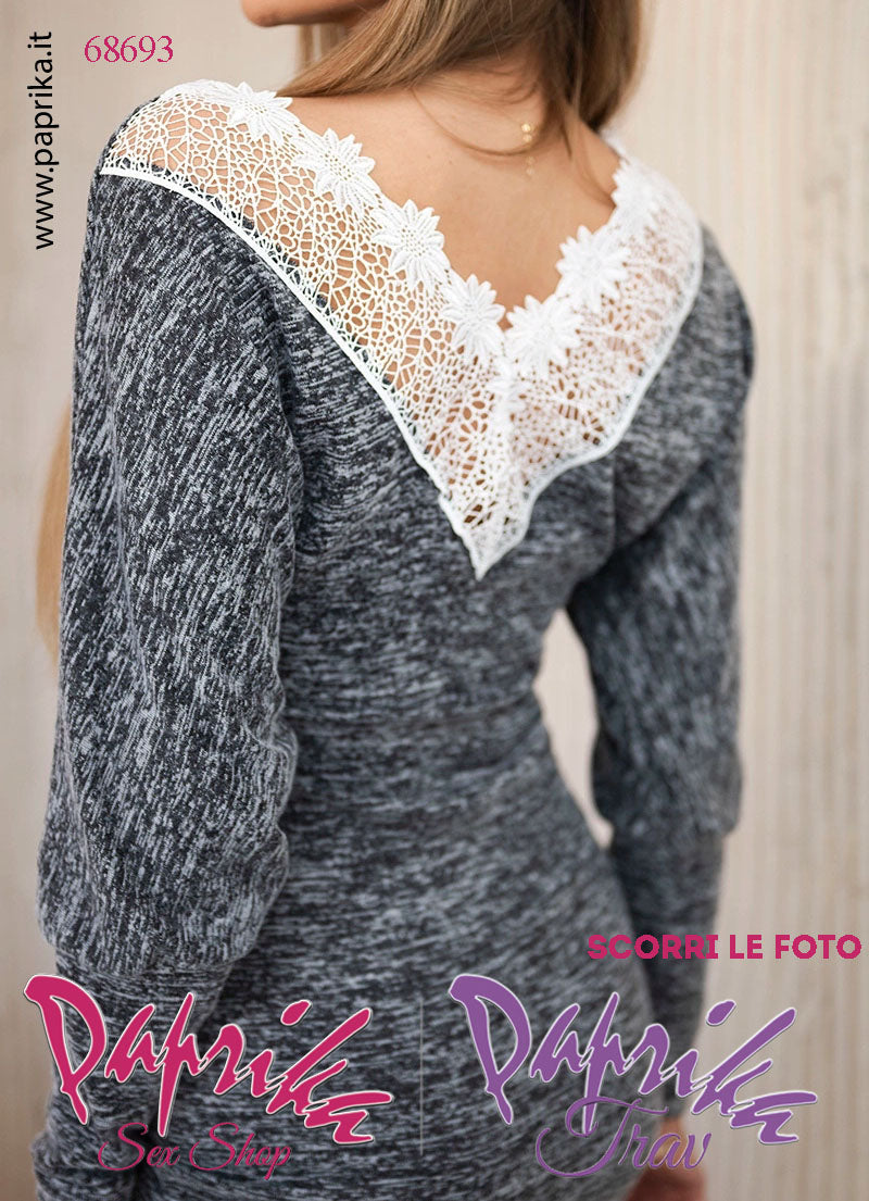 Abito Vestitino Sexy Corto Grigio Maniche Lunghe Applicazione Pizzo Scollatura