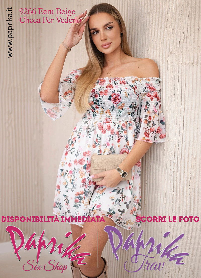 Abito Sexy Corto Ecru Beige Leggero Mezze Maniche Arricciatura Superiore