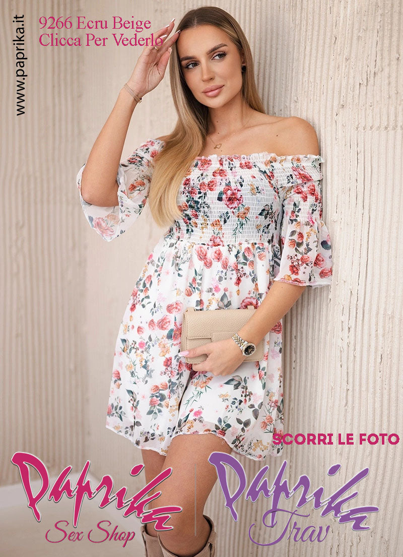 Abito Sexy Corto Ecru Beige Leggero Mezze Maniche Arricciatura Superiore