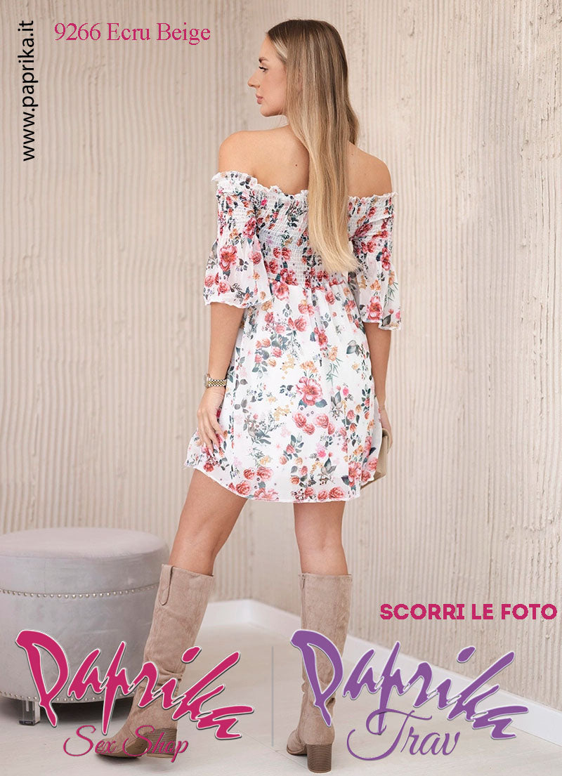 Abito Sexy Corto Ecru Beige Leggero Mezze Maniche Arricciatura Superiore