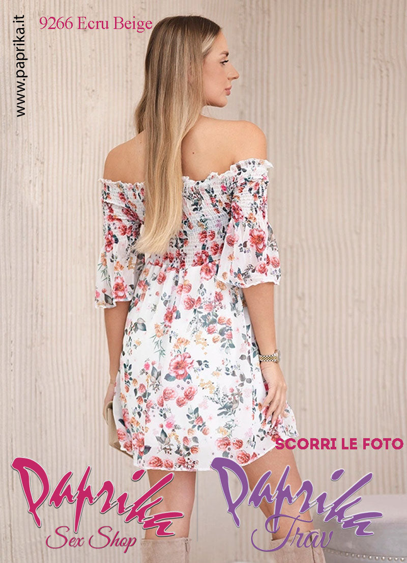 Abito Sexy Corto Ecru Beige Leggero Mezze Maniche Arricciatura Superiore