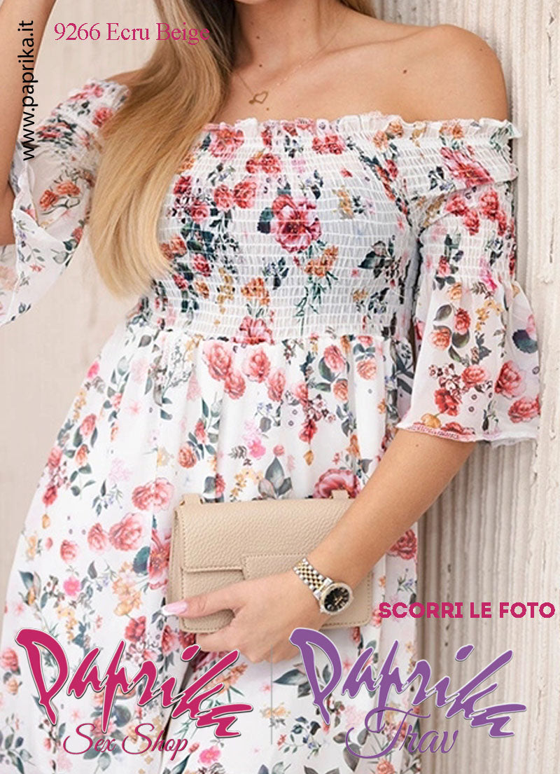 Abito Sexy Corto Ecru Beige Leggero Mezze Maniche Arricciatura Superiore