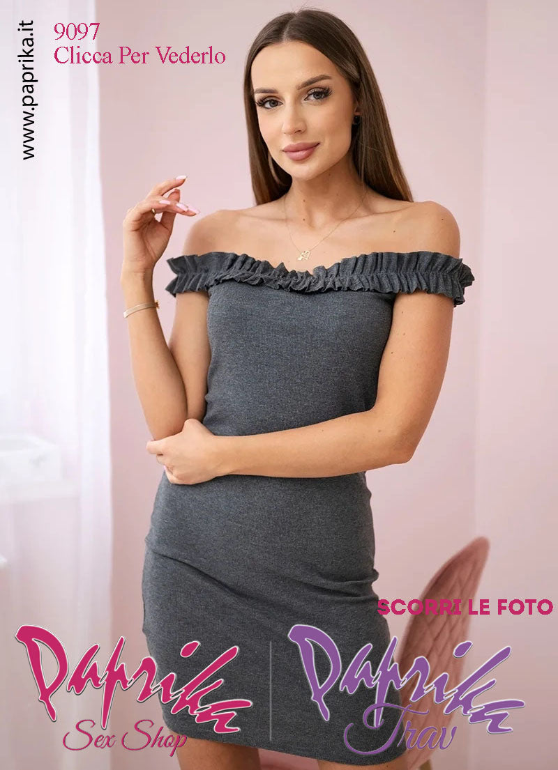 Abito Sexy Corto Grigio Leggero Aderente Spalline Arricciate Senza Maniche