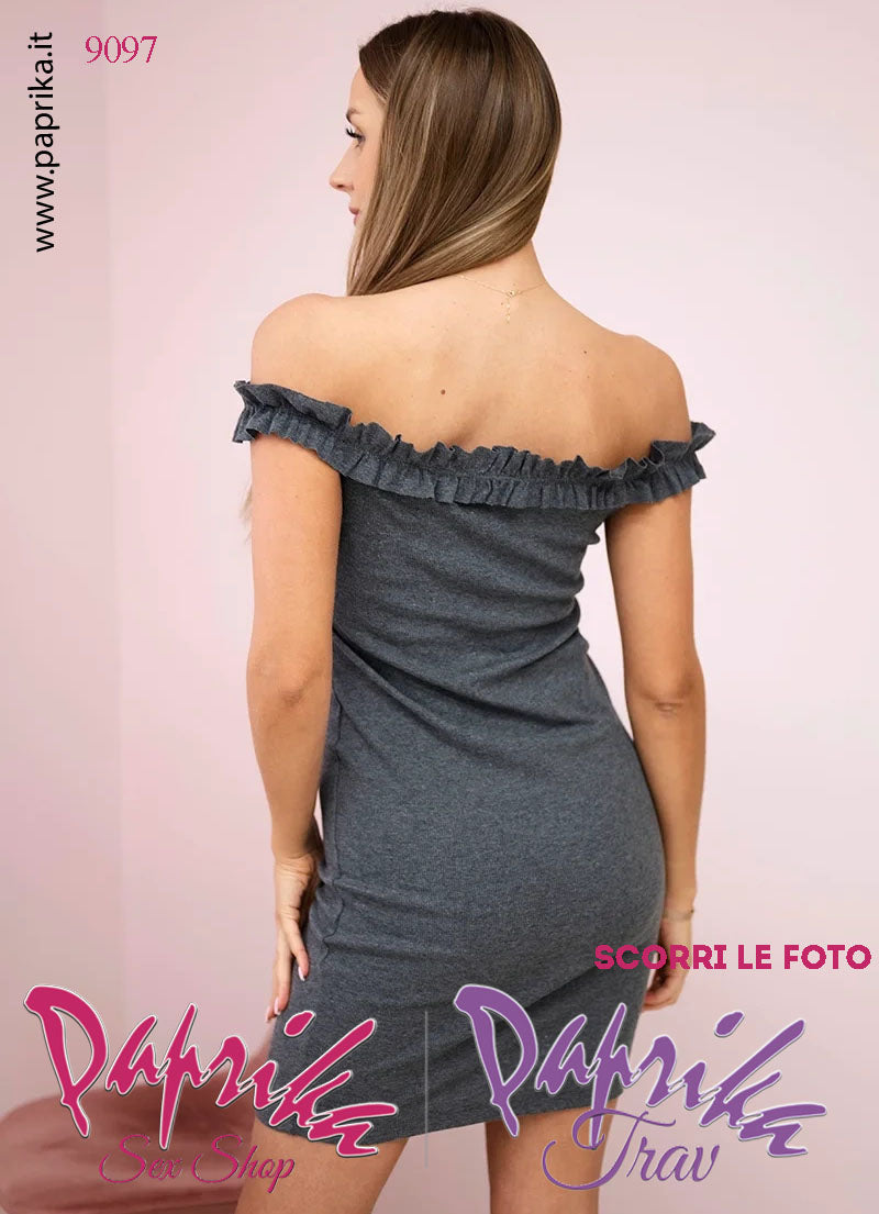Abito Sexy Corto Grigio Leggero Aderente Spalline Arricciate Senza Maniche